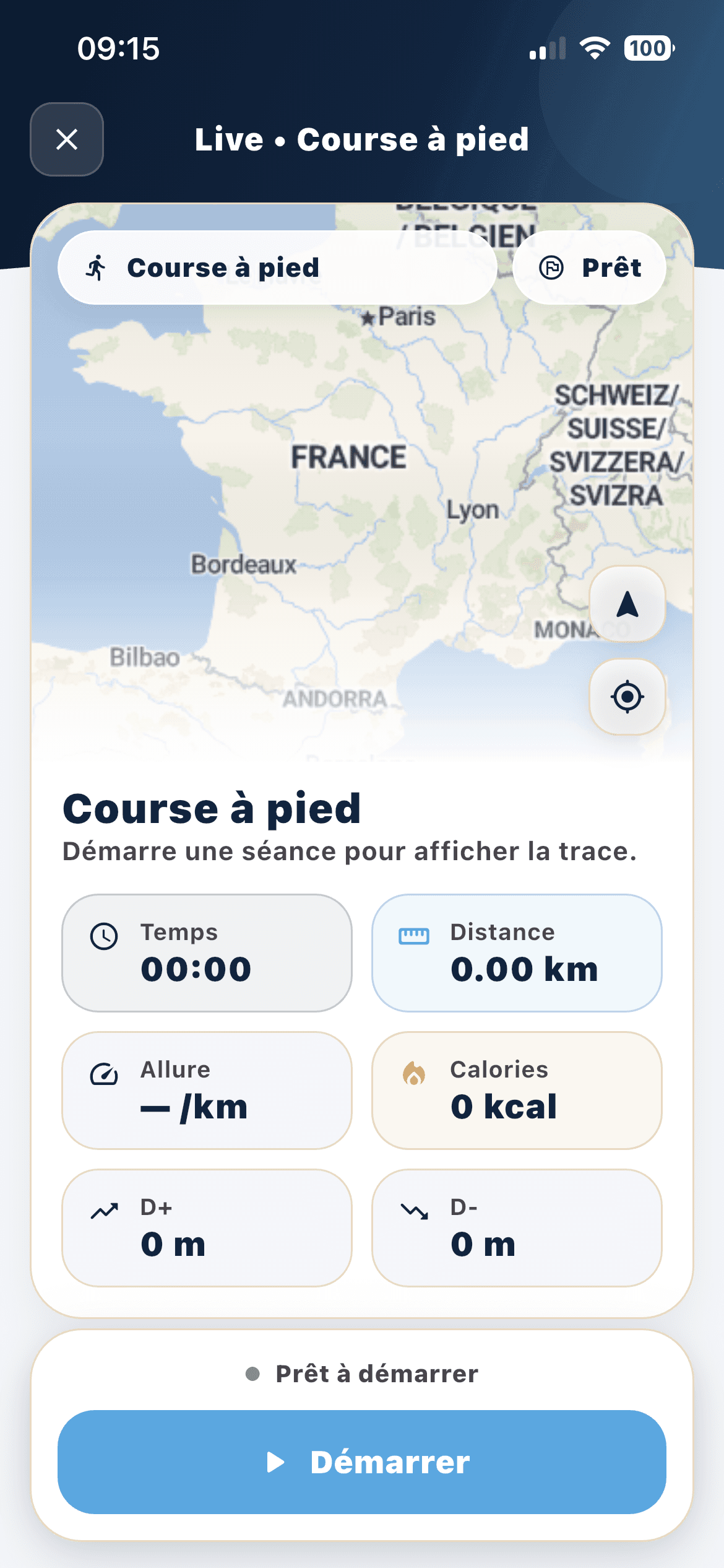 Suivi GPS en direct d'une course à pied sur la carte de France