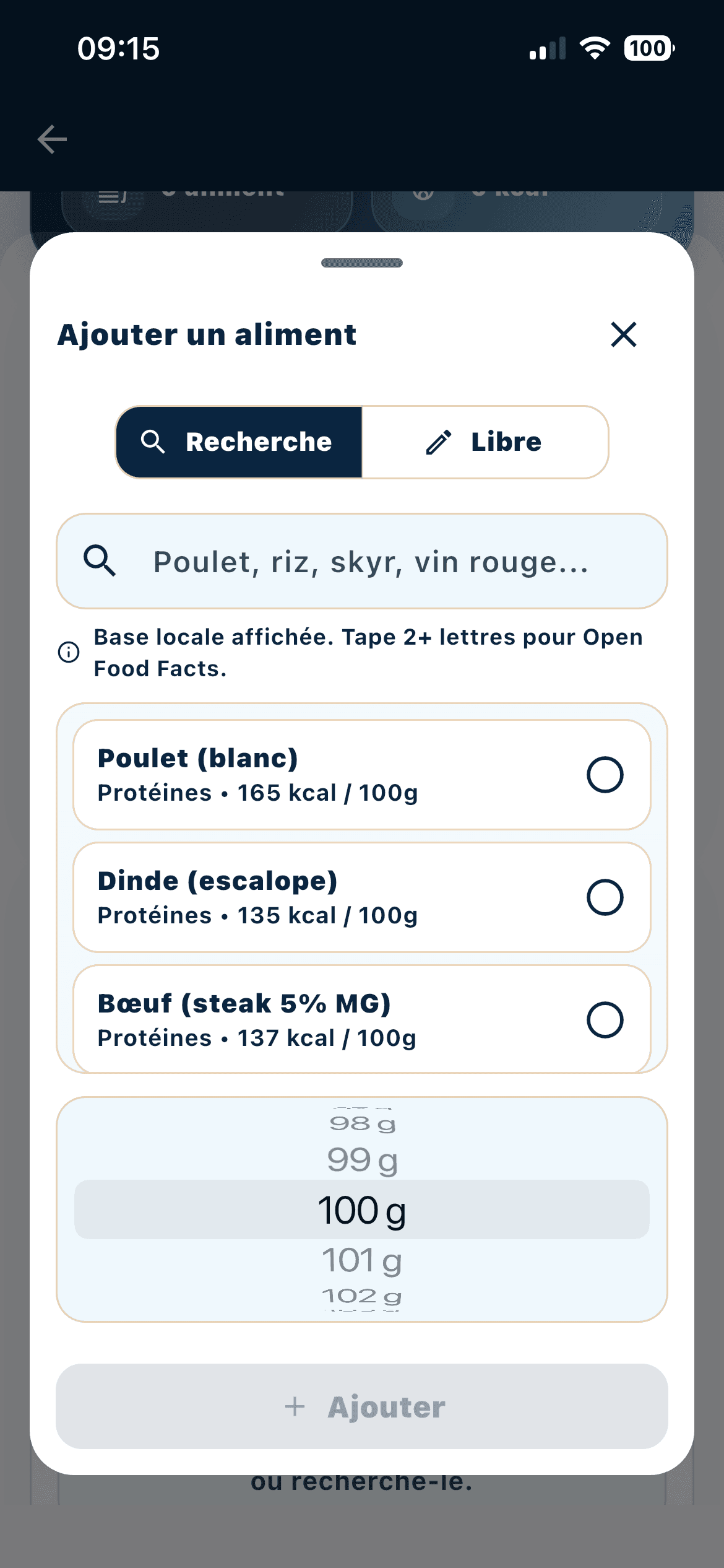 Ajout d'un aliment via la recherche Open Food Facts