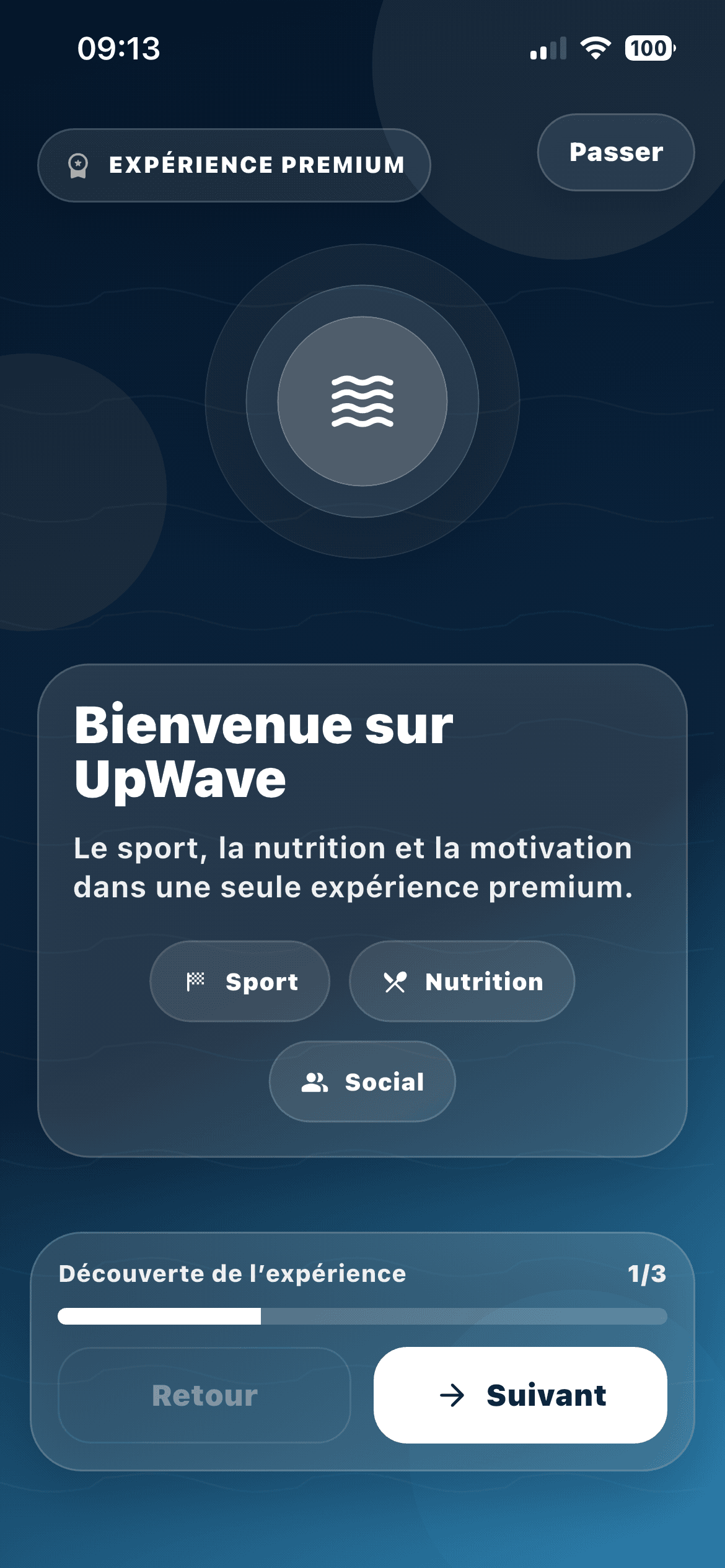 Écran d'accueil UpWave Sport — Bienvenue
